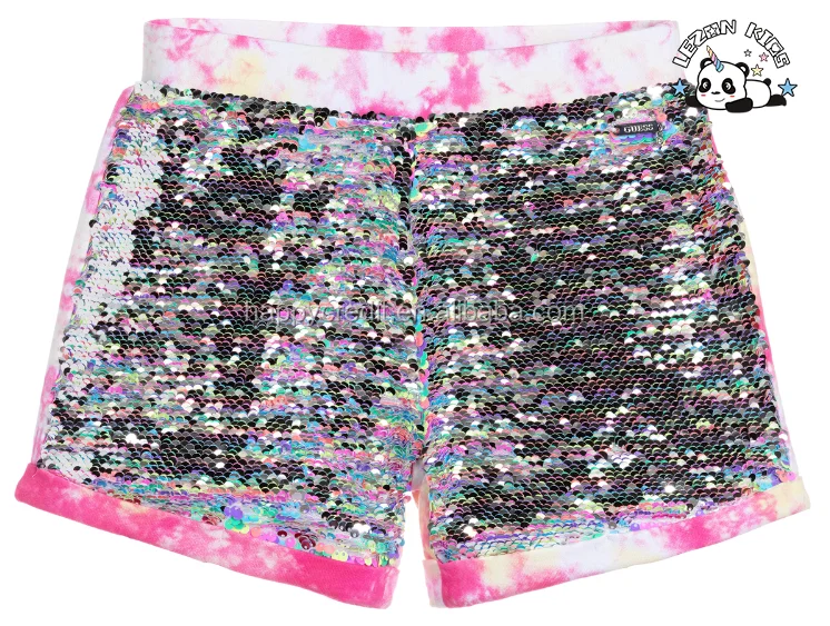 LEZONKIDS - Girls Children Clothing Tie Dye Cotton Jersey Rainbow Reversible Sequin Shorts
